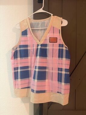 Womens Pink & Blue Plaid Sleeveless V-Neck Blouse